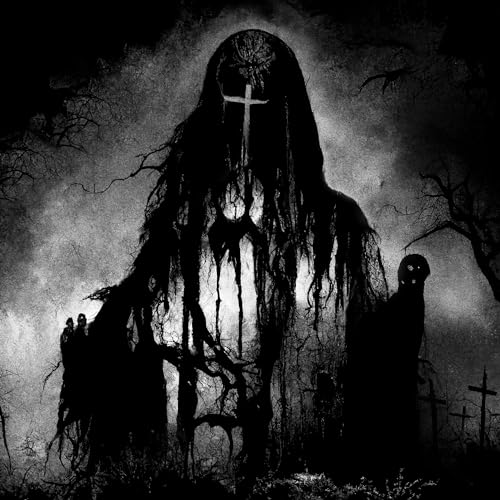 Dark, shadowy figure with a cross, amidst trees and gravestones.
