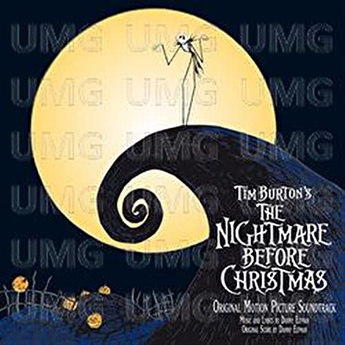 Jack Skellington silhouette atop a swirling hill under a full moon.