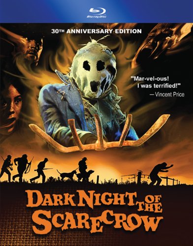 Blu-ray cover for horror film “Dark Night of the Scarecrow” featuring a scarecrow.
