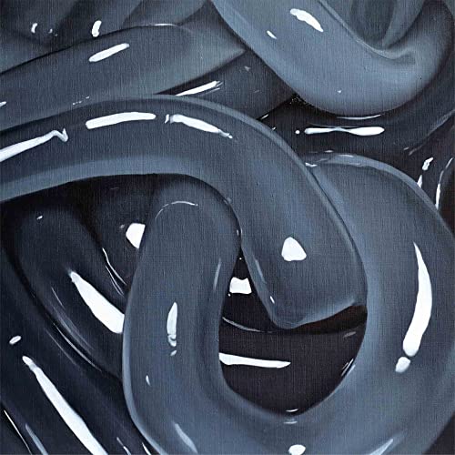 Dark, abstract painting of swirling, glossy black shapes with white highlights.