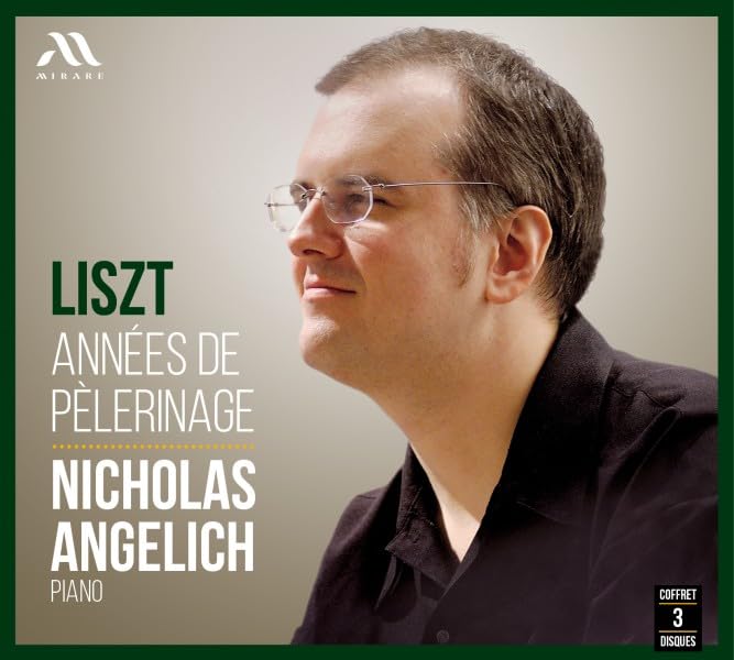 CD cover featuring a profile portrait of pianist Nicholas Angelich wearing glasses.