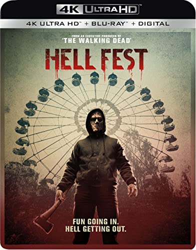 Blu-ray cover for horror film "Hellfest" featuring a Ferris wheel and masked figure.