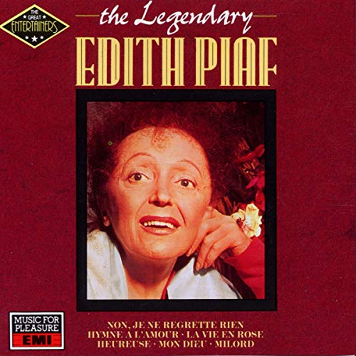 Edith Piaf portrait on a red album cover with song titles below.