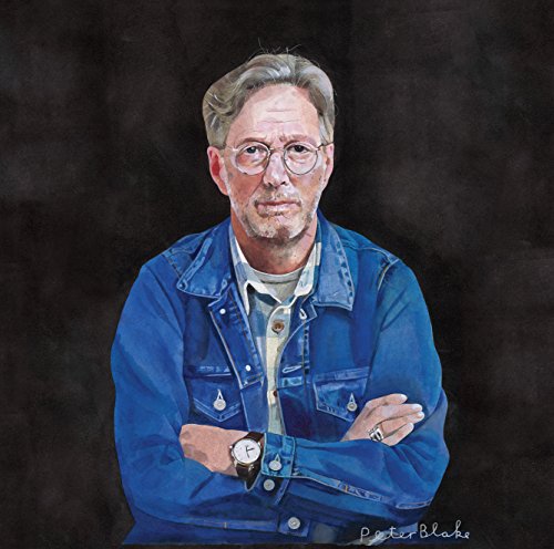 Painted portrait of Eric Clapton in a denim jacket, arms crossed.