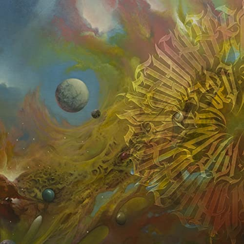 Surreal album cover with planets, swirling colors, and ornate script.