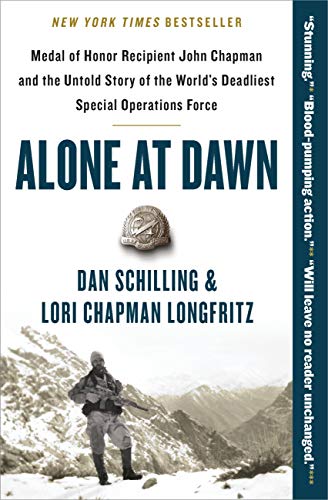 Book cover for Alone at Dawn showing a soldier in a snowy mountain landscape.