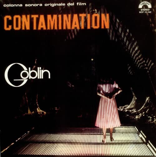 Vinyl record cover for "Contamination" soundtrack by Goblin, featuring a woman.