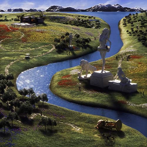 Virgo World" album cover with statues, a river, and lush greenery.