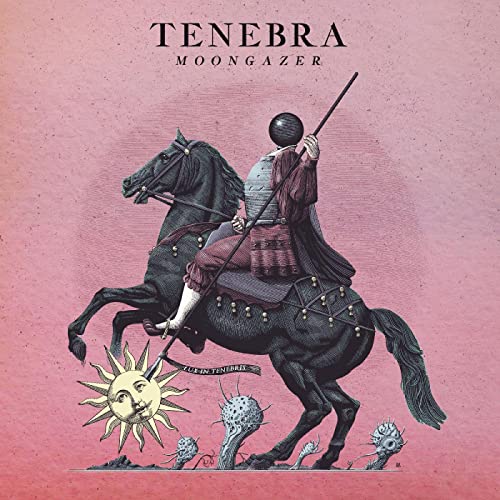 Illustration of a headless figure on a rearing black horse, sun below.
