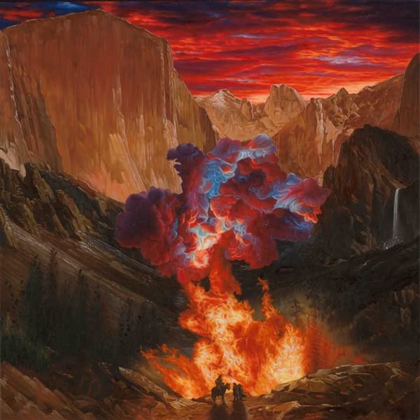 Painted landscape with fiery explosion and silhouetted figures below.