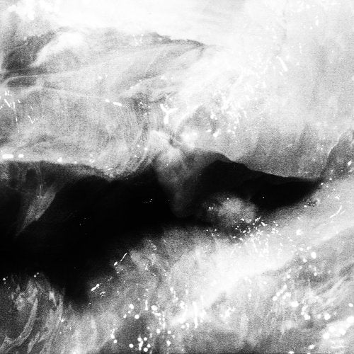 Abstract black and white image resembling a swirling, smoky void.