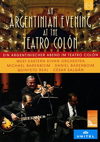 DVD cover for "A Tango Evening" at Teatro Colón featuring musicians.