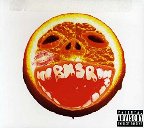 An orange slice with a face and teeth on a white background with warning label.