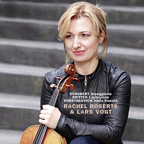 Woman with blonde hair holding a viola, album details overlaid.
