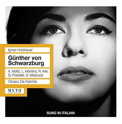 Black and white portrait of a woman with text overlay for an opera CD.