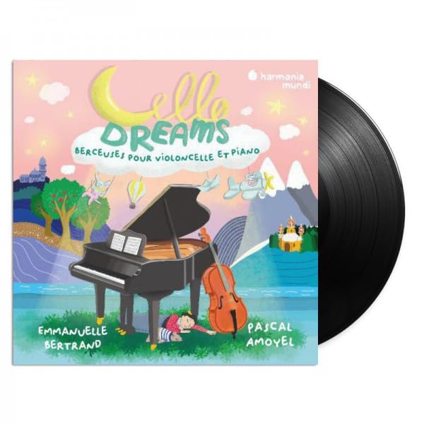 Vinyl record with illustrated cover featuring a cello, piano, and landscape.