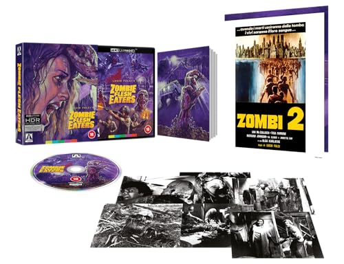 Zombie Flesh Eaters" Blu-ray case, disc, poster, and black-and-white stills.