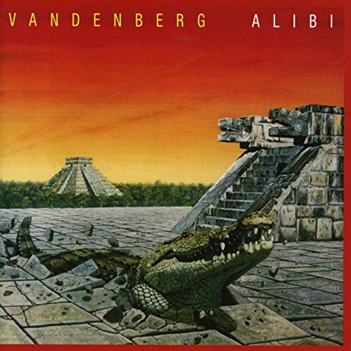 CD cover: Mayan ruins, a crocodile, and a fiery orange sky.