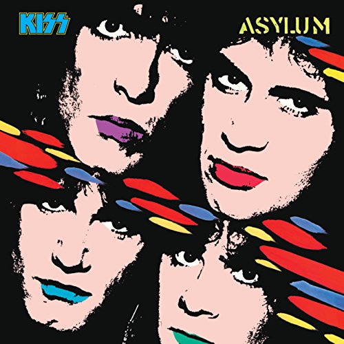 Kiss album cover, "Asylum," featuring four faces with colorful accents.