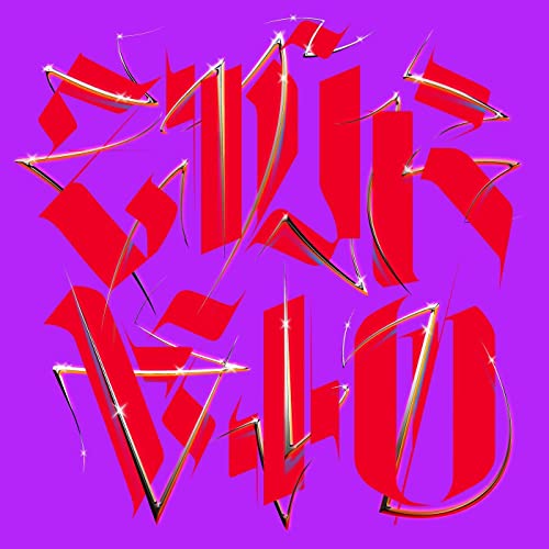 Red, fragmented text on purple background, likely album artwork.