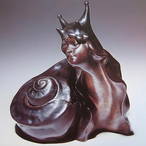 Dark bronze sculpture of a woman with a snail shell.