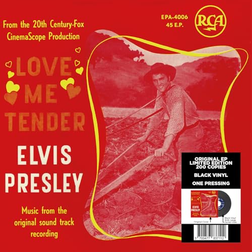 Red record sleeve featuring Elvis Presley in a field, with hearts and text.