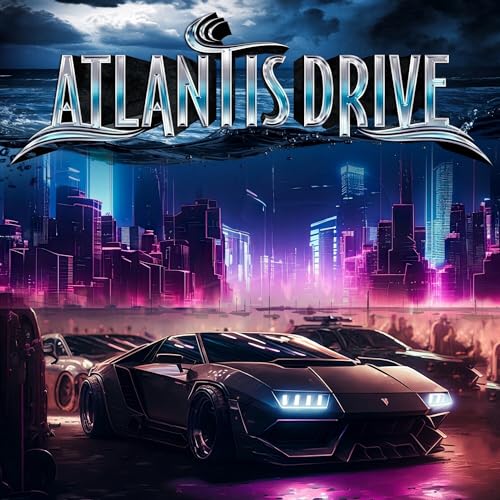 CD cover for “Atlantis Drive” featuring sports cars and a futuristic city.