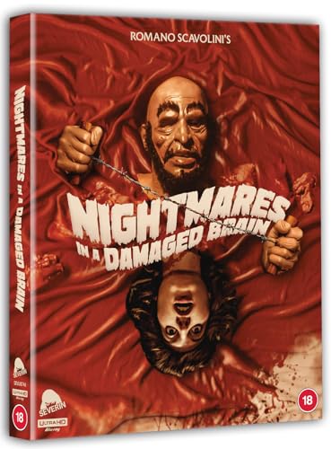 Blu-ray cover for "Nightmares In A Damaged Brain" featuring a distressed man and knife.
