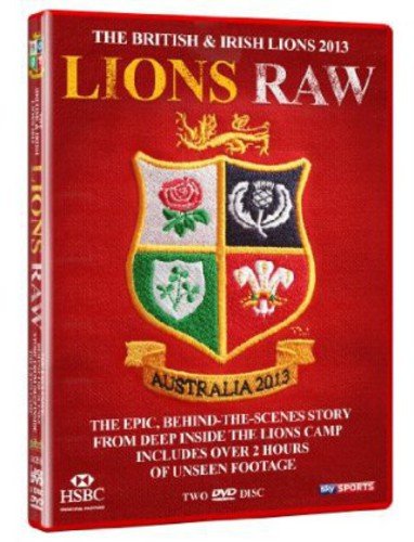 Red DVD cover for “Lions Raw” featuring a rugby crest and “Australia 2013”.