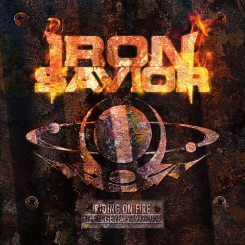 CD cover for Iron Savior’s “Riding On Fire” with fiery text and planetary imagery.