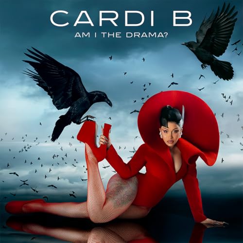 Cardi B in red outfit with large hat, surrounded by flying crows.