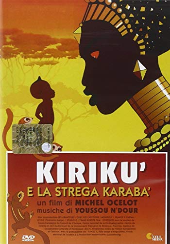DVD cover for "Kiriku and the Sorceress" featuring a large head and small animal.