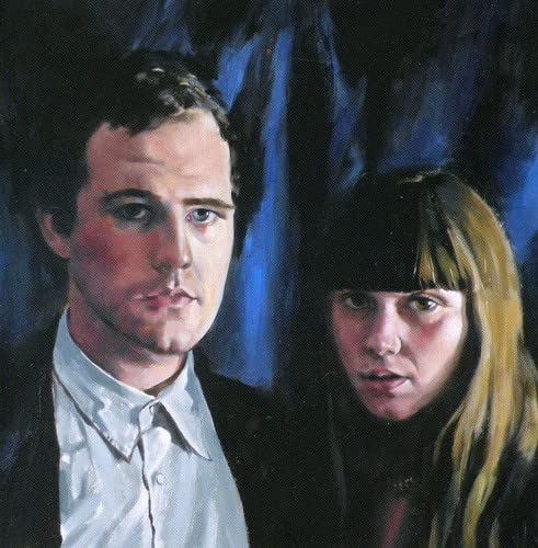 Painted portrait of a man and woman against a dark blue background.