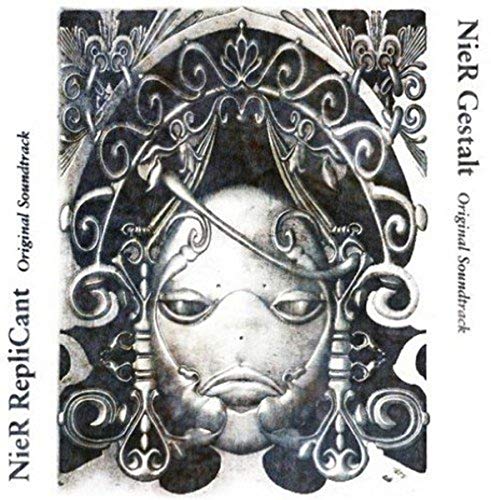 Nier Replicant/Gestalt soundtrack CD cover with ornate, grayscale facial design.
