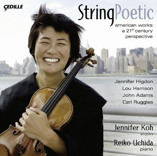 Violinist Jennifer Koh on CD cover with city skyline background.