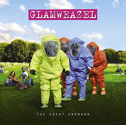 CD cover: three figures in hazmat suits stand in a park.
