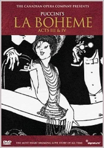 DVD cover for Puccini’s La Boheme, Acts 3 & 4, with stylized illustration.