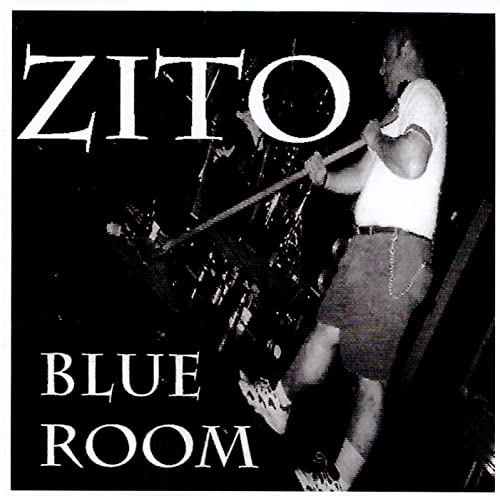 Black and white CD cover featuring a musician with an instrument.
