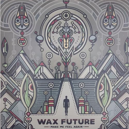 Vinyl record cover with geometric shapes, a lone figure, and text.