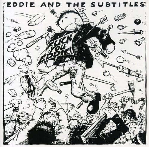 Black and white cartoon album cover with a figure surrounded by weapons.