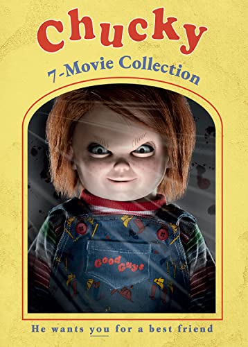 Chucky doll with menacing stare on DVD cover for 7-movie collection.