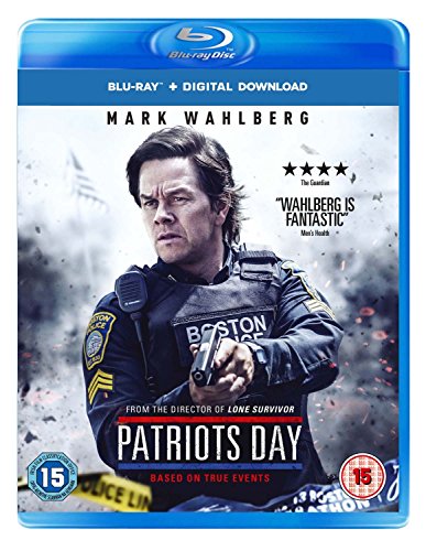 Blu-ray cover for “Patriots Day” featuring Mark Wahlberg as a police officer.