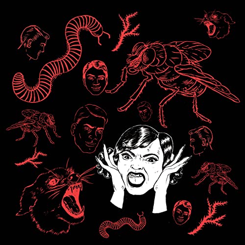 Red line art of faces, insects, and a worm on a black background.