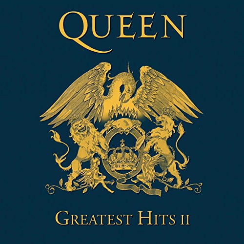 Queen Greatest Hits II album cover with gold band crest on a dark background.