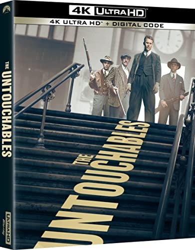 “The Untouchables” Blu-ray cover featuring 1930s men with guns near stairs.