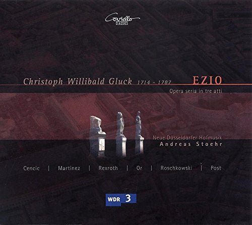 CD cover for Gluck’s “Ezio” opera, featuring statues and dark tones.