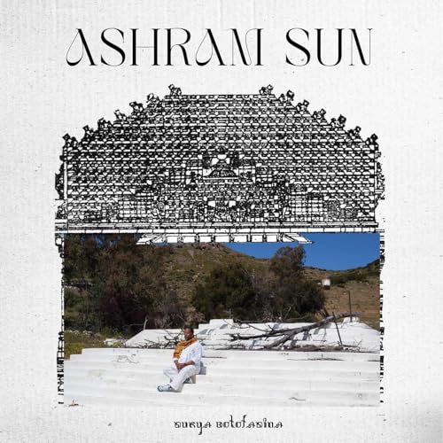 Album cover: person sitting before a building with intricate line art.