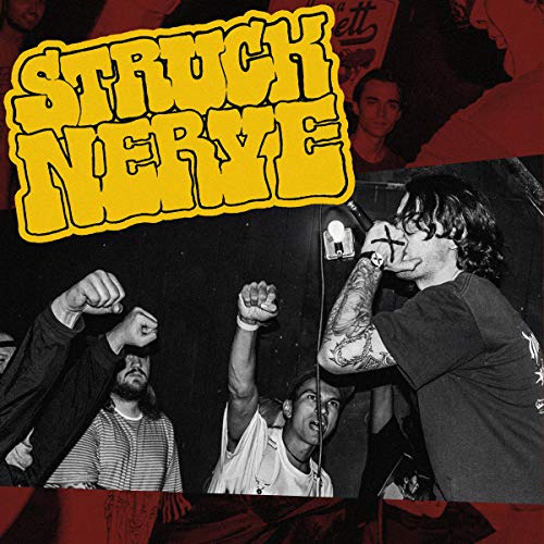Black and white photo of a punk band performing with yellow band logo overlay.