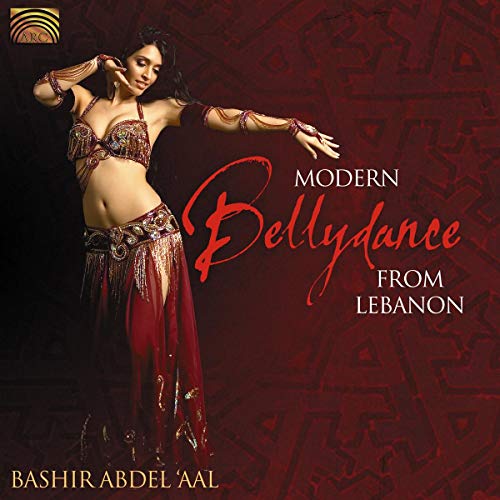 Belly dancer in red costume poses on CD cover art.