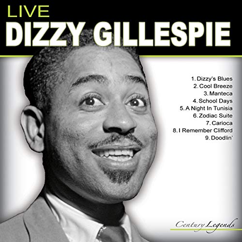Black and white album cover featuring jazz musician Dizzy Gillespie smiling.